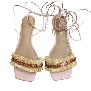 Anthropologie pink Rhinestone Embellished Raffia tie up sandals